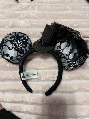 Disney Black Lace Minnie Ear Headband with Pinstripe Mini Top Hat